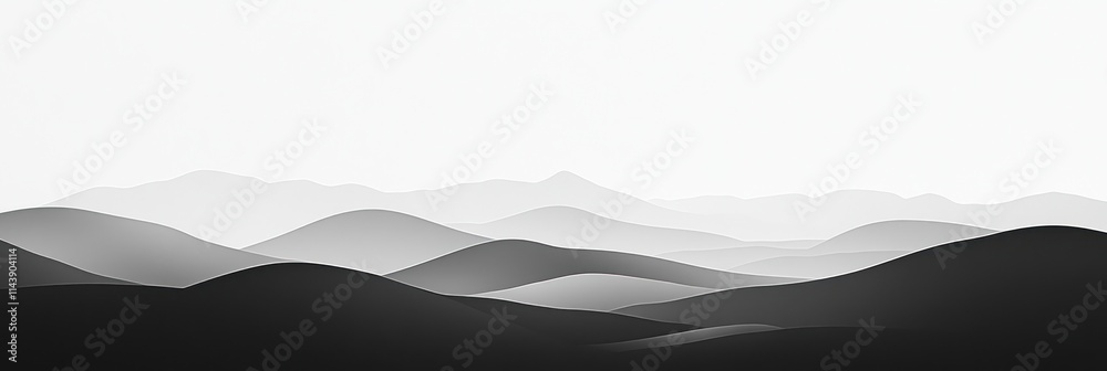 Obraz premium Monochromatic landscape of rolling hills and mountains under a bright sky.