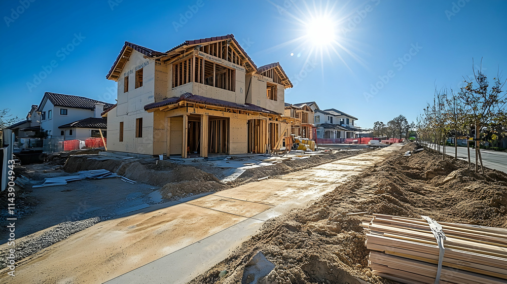 New Home Construction, Sunny Day at a Residential Development New Home Construction, Sunny Day at a Residential Development