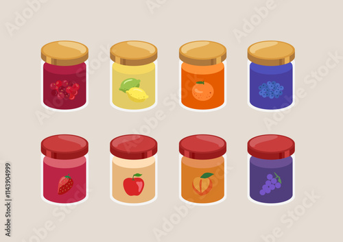 Glass jar of preserved strawberry jam, apple, peach, grapes, cranberry, lemon, orange, blueberry