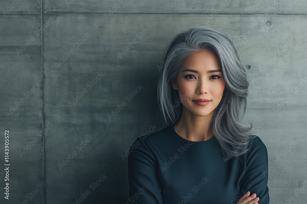 Asian woman with silver hair against concrete wall in modern office. Asian woman with silver hair against concrete wall in modern office.