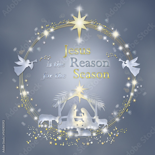  'Jesus is a reason for the season ' silver-gold christmas wreath with Isus borning against grey gradient background . Religion Christmas greeting card. Free copy space for short message