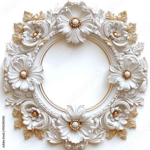 Elegant white and gold ornate circular frame with floral details.