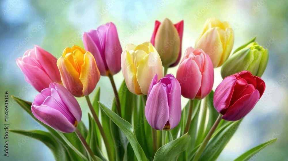 Colorful spring tulips blooming in vibrant hues against a soft green background Colorful spring tulips blooming in vibrant hues against a soft green background