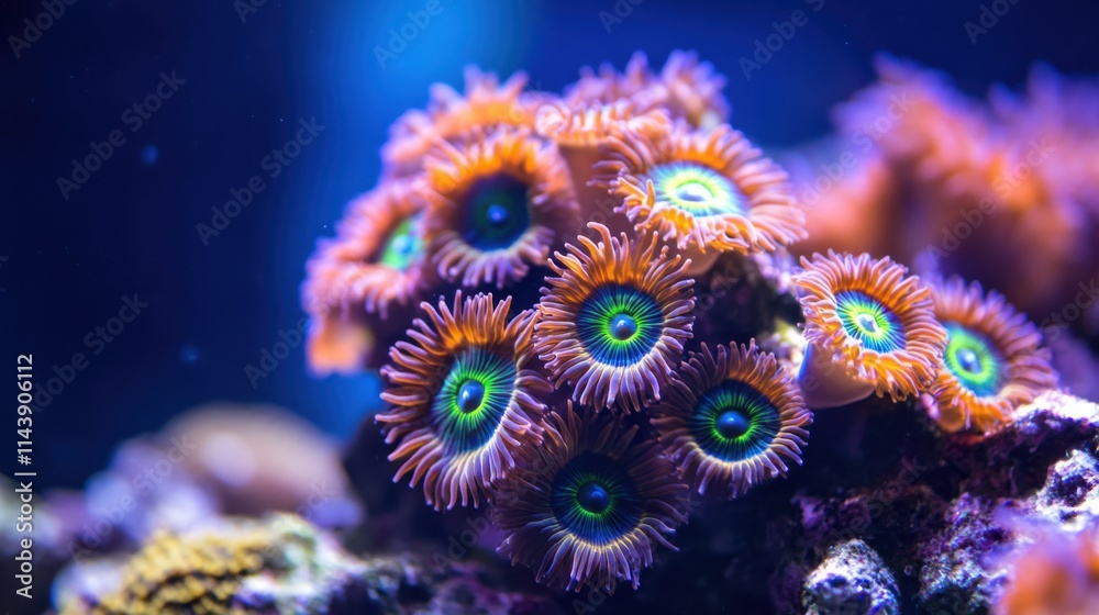 Close-up view of vibrant coral polyps displaying their unique shapes and colors in a marine habitat Close-up view of vibrant coral polyps displaying their unique shapes and colors in a marine habitat