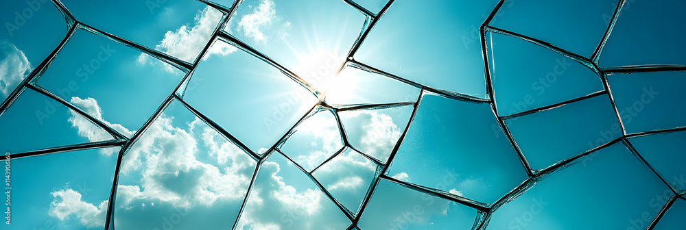 Shattered Glass Reflecting Sunlit Sky, Abstract Background Image of fractured glass panes mirroring a bright, blue sky with fluffy white clouds, creating a striking visual metaphor.