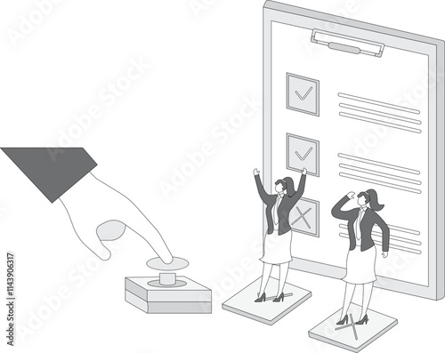 Selection and promotion, hand pressing the button to choose from the crowd