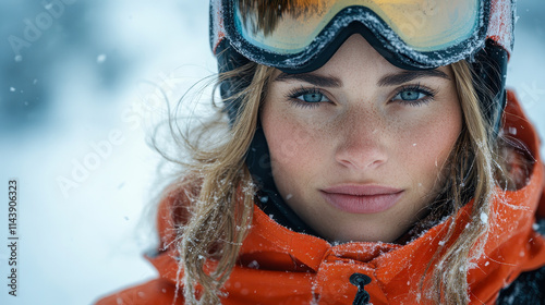 Confident Woman Snowboarder in Goggles and Helmet Posing in Winter Mountain Landscape photo