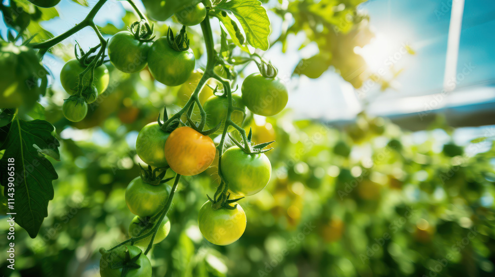 Racimo de tomates verdes y uno madurando bajo luz solar en un invernadero con fondo desenfocado. Racimo de tomates verdes y uno madurando bajo luz solar en un invernadero con fondo desenfocado.