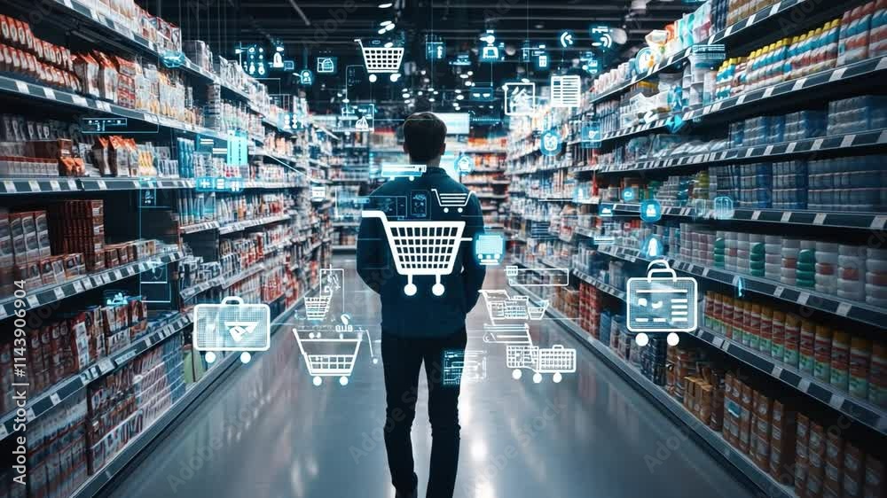 Smart Shopping Experience: A shopper navigates a futuristic supermarket aisle, surrounded by digital shopping cart icons and product information overlays.