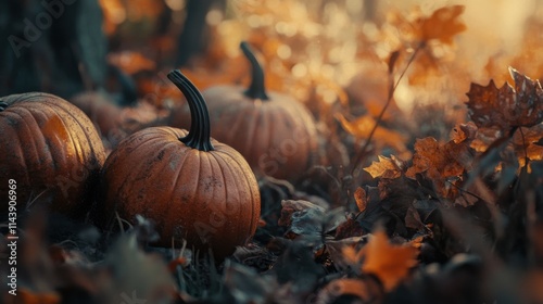 Close-up view of vibrant pumpkins nestled among autumn leaves in a pumpkin patch during fall photo