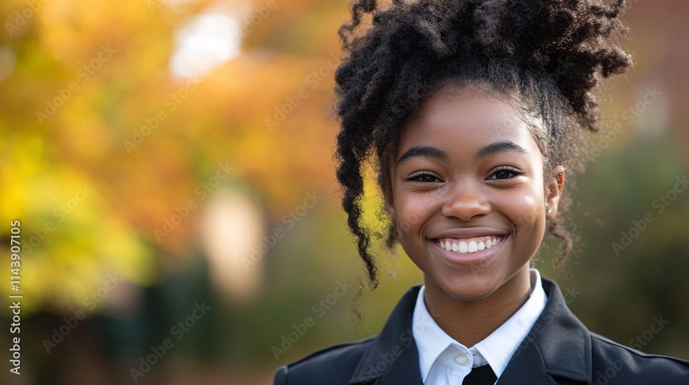 Smiling African American girl with curly hair in a black blazer, surrounded by autumn foliage. Smiling African American girl with curly hair in a black blazer, surrounded by autumn foliage.