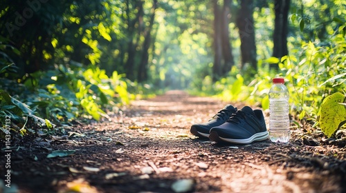 Running shoes and water bottle on a forest path symbolize readiness and motivation for outdoor fitness. photo