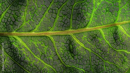 Close-up view of a fern leaf revealing intricate fractal patterns and vibrant green textures in natural light photo