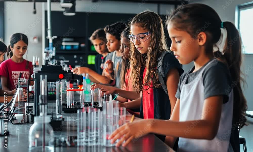 Children engaged in a science experiment in a laboratory setting. Children engaged in a science experiment in a laboratory setting.