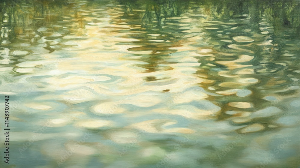 Intricate patterns on serene water surface reflecting light during golden hour in tranquil natural setting Intricate patterns on serene water surface reflecting light during golden hour in tranquil natural setting