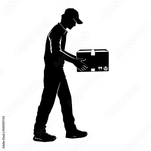 Silhouette delivery man with box, courier expedition 