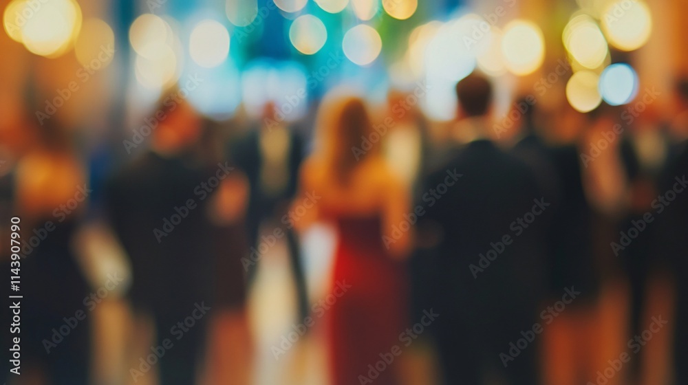 Fototapeta premium A blurred background of a vibrant party scene with elegant guests mingling and warm lights creating a festive atmosphere.
