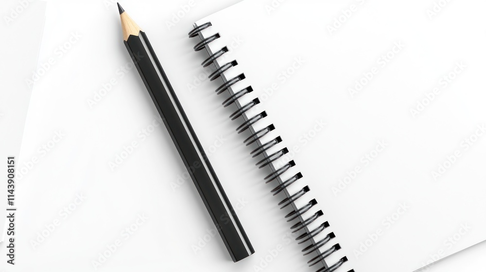 Blank spiral notebook with black pencil on white background. Blank spiral notebook with black pencil on white background.