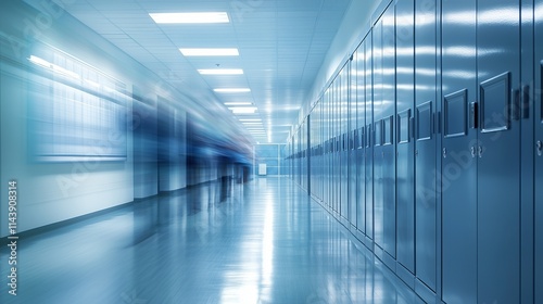 Blurred school hallway with lockers, symbolizing education and student life.