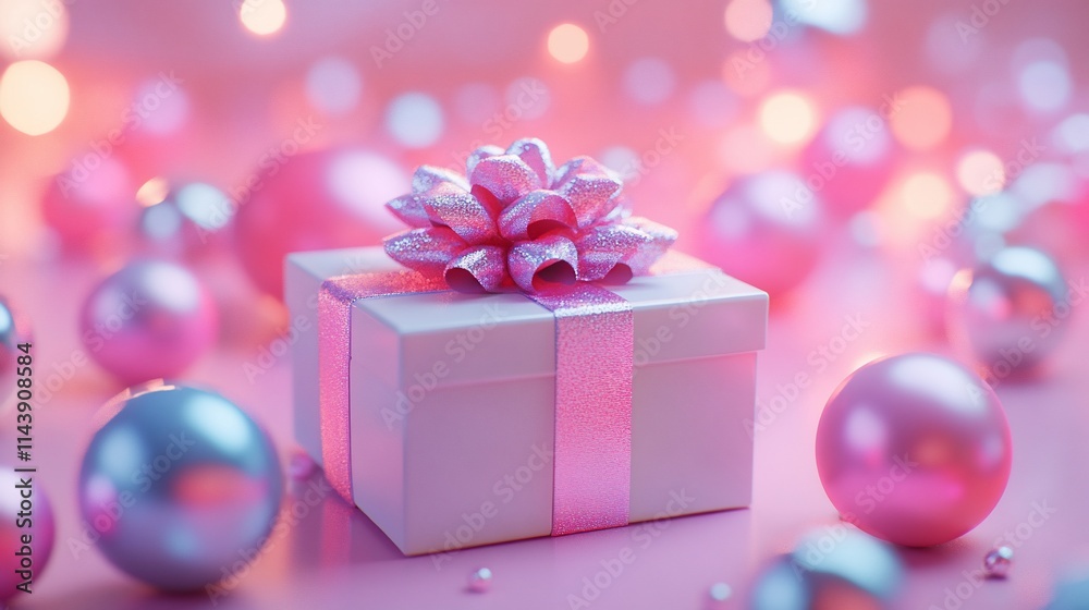 Pink gift box with bow surrounded by pastel ornaments. Pink gift box with bow surrounded by pastel ornaments.