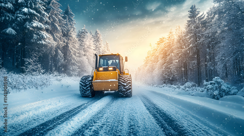Winter Tractor Clearing Snowy Forest Road at Sunset Winter Tractor Clearing Snowy Forest Road at Sunset
