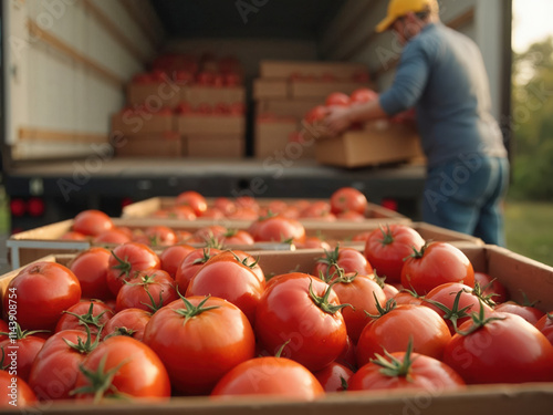 Cajas de tomates rojos siendo cargadas en un camión por un trabajador al aire libre en la tarde. photo