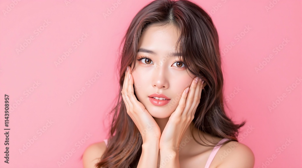 Portrait of a young woman with natural makeup on a pink background Portrait of a young woman with natural makeup on a pink background