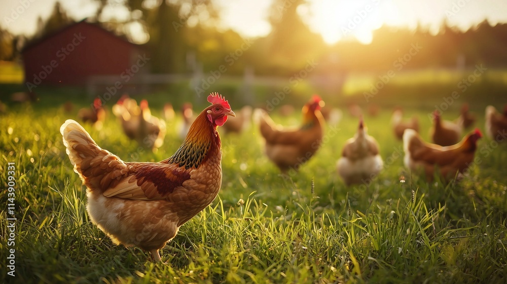 Fototapeta premium Free-range chickens roam on a sunlit organic farm, symbolizing sustainable farming.