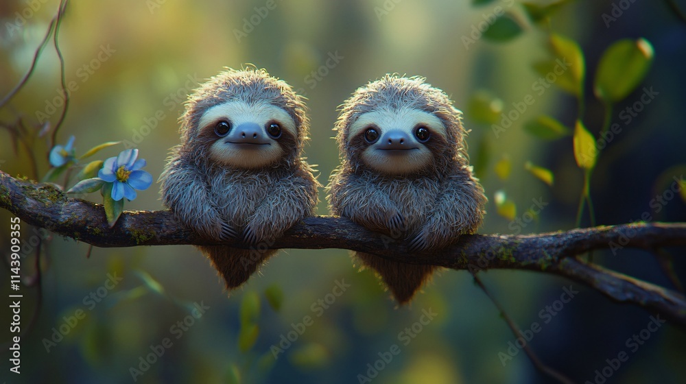 Naklejka premium Two adorable animated sloths sit closely on a branch, surrounded by lush greenery and delicate flowers.