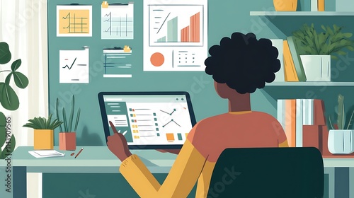 A person sitting at a desk with a tablet, tracking progress on an app, with goal sheets and a motivational poster on the wall 