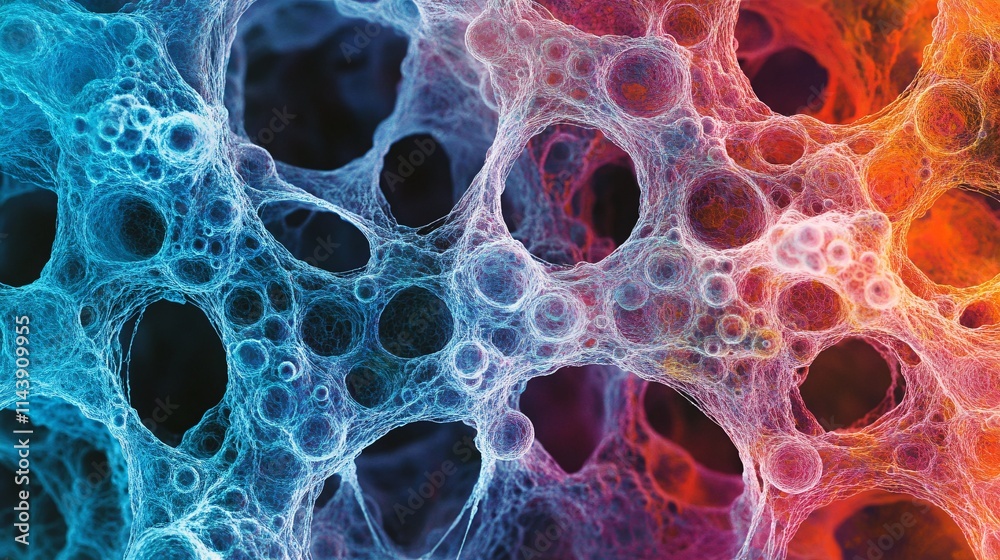 Abstract close-up of intricate network structure with blue and orange highlights, showcasing a vibrant microscopic view. Abstract close-up of intricate network structure with blue and orange highlights, showcasing a vibrant microscopic view.