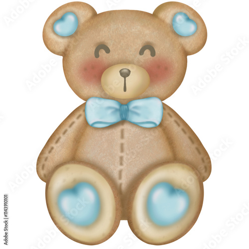 Teddy bear character cute baby boy,hand drawn pastel color for baby newborn childish greeting cards or invitations. Colorful drawing.