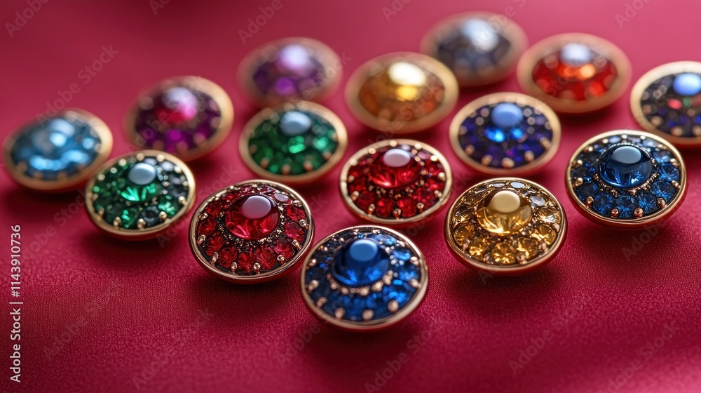 Colorful jeweled buttons on red background. Colorful jeweled buttons on red background.