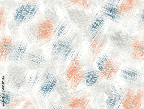 A seamless pattern of finely woven lines in shades of grey, blue, and peach on a light grey background. 