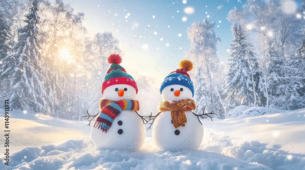 Two cheerful snowmen in colorful hats and scarves stand in a snowy winter forest landscape with sunlight. Two cheerful snowmen in colorful hats and scarves stand in a snowy winter forest landscape with sunlight.