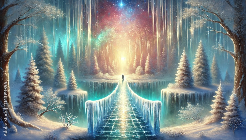 A Fantasy Landscape of a Snowy Forest Transitioning into a Magical Realm Across a Glimmering Icy Bridge A Fantasy Landscape of a Snowy Forest Transitioning into a Magical Realm Across a Glimmering Icy Bridge