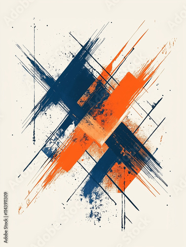 Randomized orange and blue lines strokes with some distress and noise textures on a white background