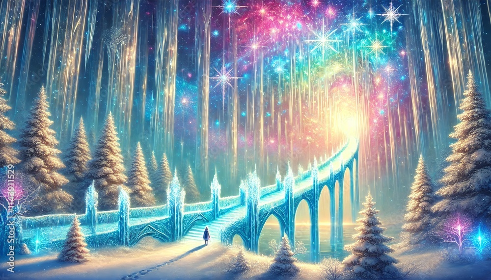 A Glowing Ice Bridge Connecting a Winter Wonderland to a Vibrant Fantasy Realm A Glowing Ice Bridge Connecting a Winter Wonderland to a Vibrant Fantasy Realm
