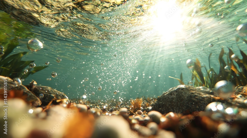 Serene Underwater Scene with Air Bubbles, Sunlight Rays, and Vibrant Aquatic Vegetation in a Calm Waterbody, Perfect for Nature and Aquatic Themes Serene Underwater Scene with Air Bubbles, Sunlight Rays, and Vibrant Aquatic Vegetation in a Calm Waterbody, Perfect for Nature and Aquatic Themes