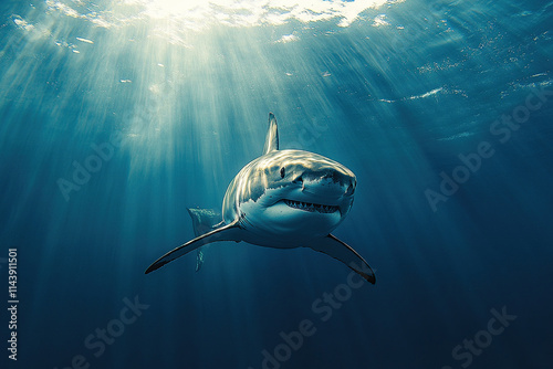 Photo of a white shark underwater. The rays of the sun illuminate the sharks under the blue water. photo