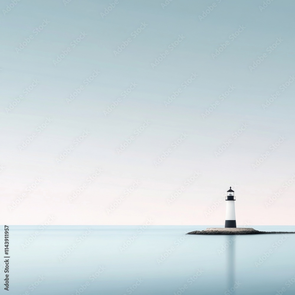 Tranquil coastal scene featuring a lighthouse standing tall on a rocky island against a serene body of water and an expansive, clear sky Tranquil coastal scene featuring a lighthouse standing tall on a rocky island against a serene body of water and an expansive, clear sky