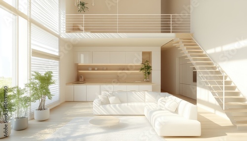 Modern Minimalist Apartment Interior Design with Mezzanine and Natural Light