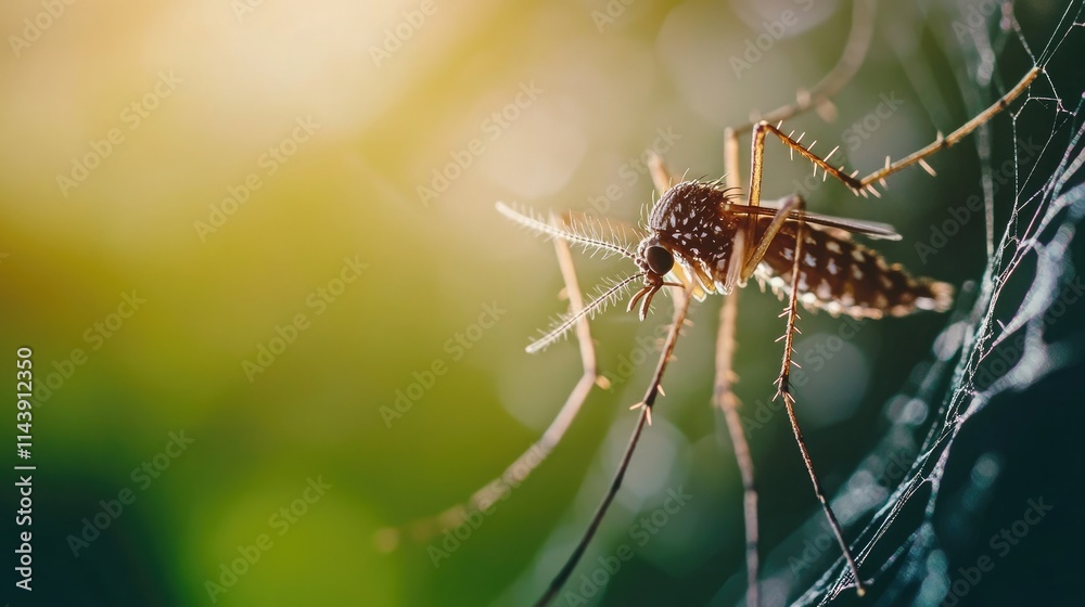 Close-Up View of a Mosquito Captured in a Spider Web, Highlighting the Intricate Details of the Insect and the Web with a Beautiful Bokeh Background Close-Up View of a Mosquito Captured in a Spider Web, Highlighting the Intricate Details of the Insect and the Web with a Beautiful Bokeh Background