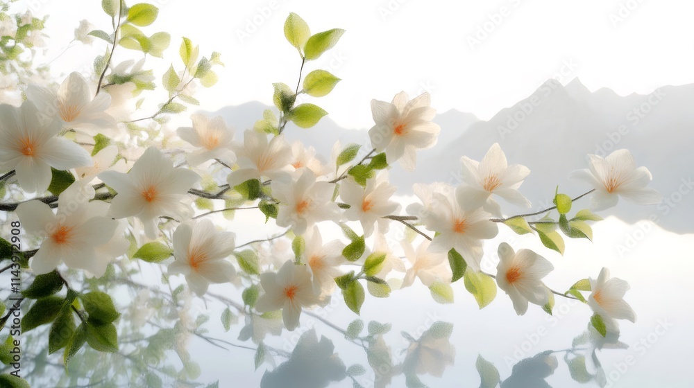 Serene white blossoms reflected in calm water, misty mountains in background. Serene white blossoms reflected in calm water, misty mountains in background.