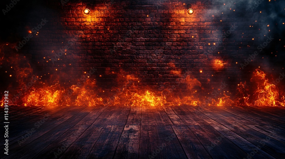 Obraz premium A dramatic scene featuring glowing flames against a textured brick wall, creating an intense atmosphere.