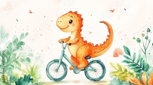 Fototapeta Naklejka Na Ścianę i Meble -  A cheerful orange dinosaur riding a bike through a colorful, whimsical landscape, perfect for children's illustrations.