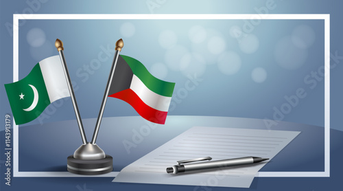 Pakistan and Kuwait National flags on small table with bokeh background, cooperative relationship