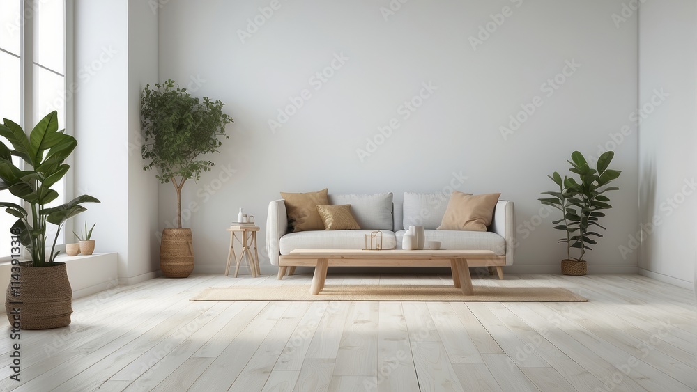 Modern minimalist living room interior design with sofa and plants Modern minimalist living room interior design with sofa and plants
