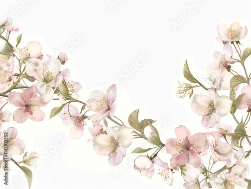 Delicate pink blossoms and green leaves on white background.