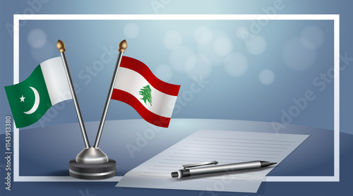 Pakistan and Lebanon National flags on small table with bokeh background, cooperative relationship